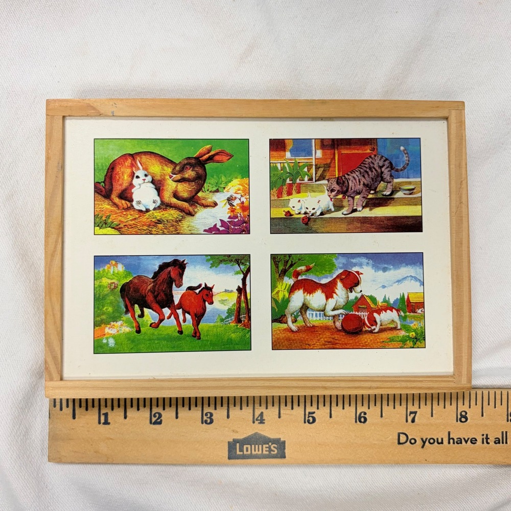 Vintage Wooden Farm Jigsaw Puzzle Set 4 Puzzles in Wood Tray Box Color Coded - Picture 7 of 9